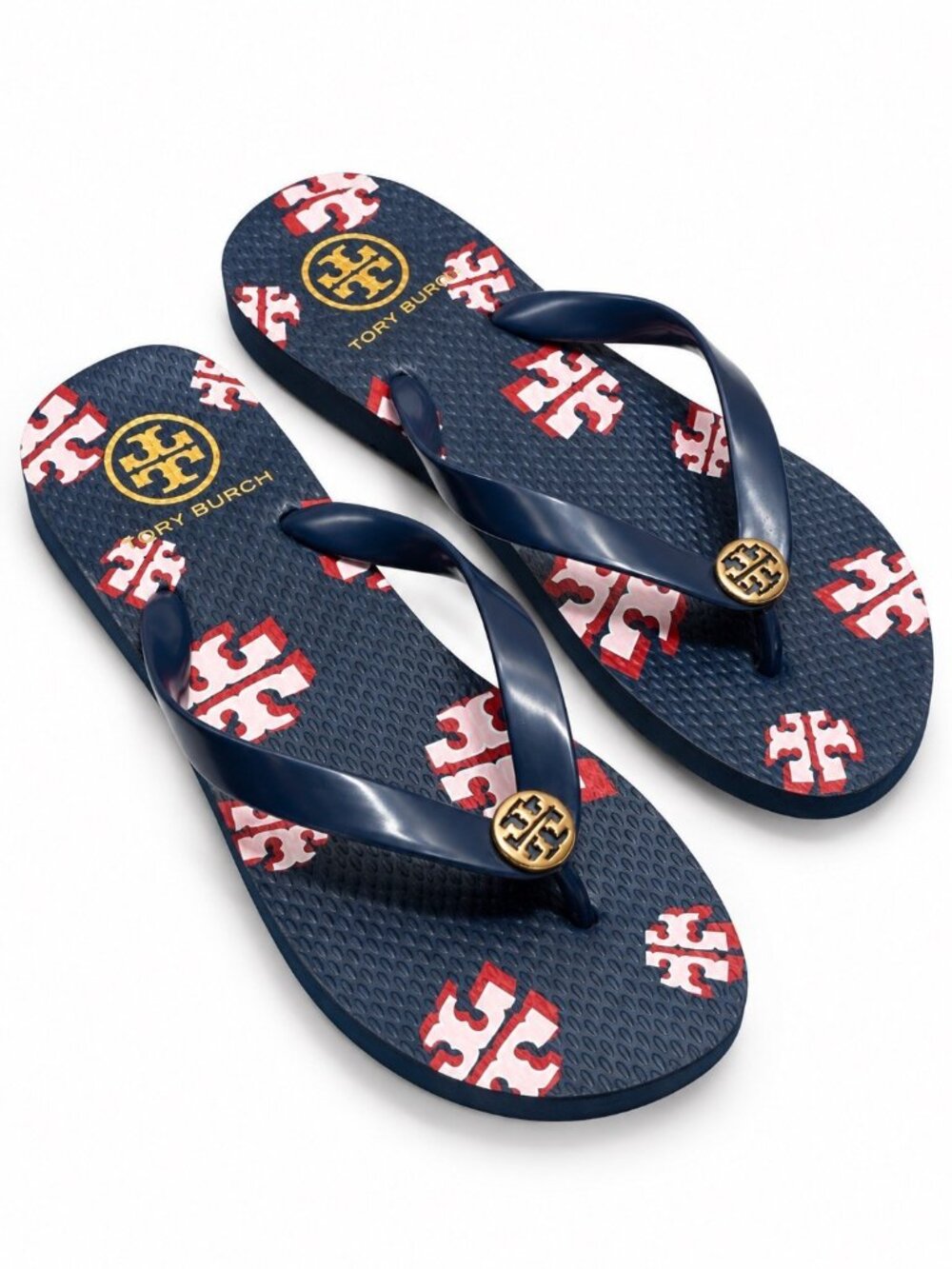 Tory Burch Thin Flip Flop Sandals Navy Logo Print Gold Medallion Sz 8-8.5